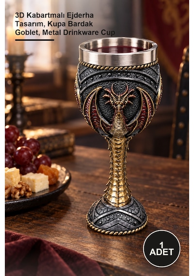 1 Adet Paslanmaz Çelik Kadeh 3d Kabartmalı Ejderha Tasarım, Kupa Bardak Goblet, Metal Drinkware Cup