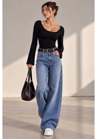 Bbbutikbasic Kadın U Yaka İspanyol Kol Uzun Kollu Slim Fit Bluz My3535 Siyah
