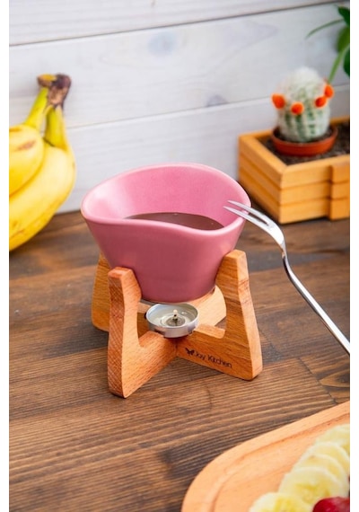 Pembe Ahşap Fondü Seti Renkli Seramik Kaseli Ahşap Standlı Fondü Seti Pembe