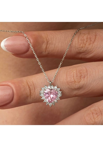 Gümüş Pembe Taşlı Kalp Kadın Kolye 14 MM Gümüş