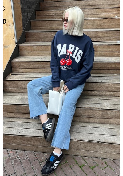 Lacivert Bisiklet Yaka Basic Sweatshirt Mg2233