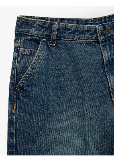 Koton Bol Kesim Cep Detaylı Pamuklu Loose Straight Fit Denim Pantolon Petrol 7wkb40002td