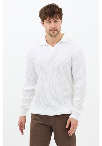Erkek Beyaz Slim Fit Uzun Kollu Polo Yaka Triko Kazak Beyaz