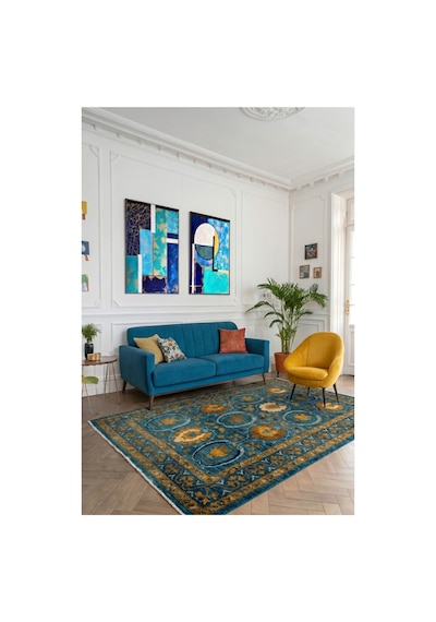 Vintage Makine Halısı Yıkanabilir Kaymaz Taban Şönil Salon Halısı 1111 Mavi Çok Renkli