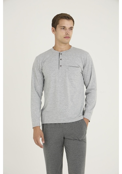 Kly Erkek Midi Yaka Uzun Kollu Pijama Takımı Grı