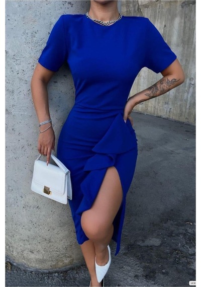 Lior Design Kadın Özgün Tasarım Krep Kumaş Bisiklet Yaka Yırtmaçlı Abiye Elbise Saks Lior Design Kadın Özgün Tasarım Krep Kumaş Bisiklet Yaka Yırtmaçlı Abiye Elbise Saks