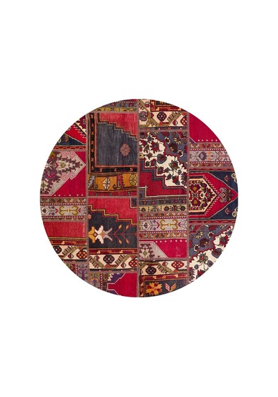 Patchwork Desenli Yıkanabilir Pamuk Taban Dijital Baskılı Yuvarlak Halı Kırmızı