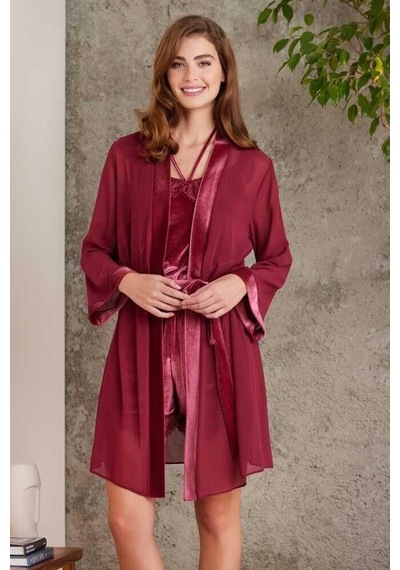 Pierre Cardin Dantelli Kadife Tulum Sabahlık Takım 4800 Bordo 001