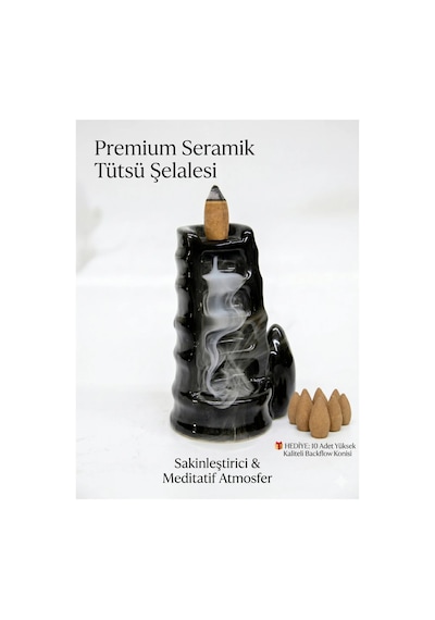 Premium Seramik Geri Akışlı Şelale Tütsülük Bambu 10 Adet Konik Tütsü Hediyeli