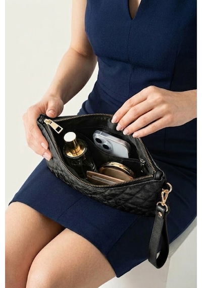 Gl-003 Yıldız Dikişli Kadın El Çantası Clutch Çanta Omuz Çantası Çapraz Çanta Pörtföy Çanta Siyah