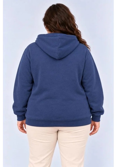 Battal Büyük Beden Üç İplik İçi Şardonlu Kapüşonlu Kanguru Cepli Kışlık Sweatshirt - Lacivert