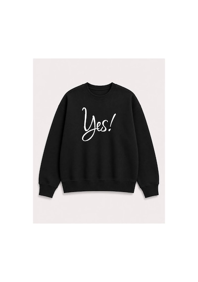 Herkesemoda Yes Yazılı Baskı Detaylı Şardonlu 2 İplik Bisiklet Yaka Sweatshirt Siyah