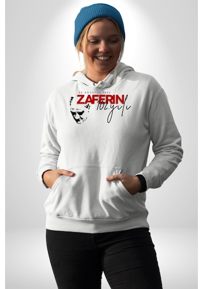 30 Ağustos Zafer Bayramı Atatürk İmzası Kadın Erkek Beyaz Kapüşonlu Sweatshirt Hoodie Beyaz