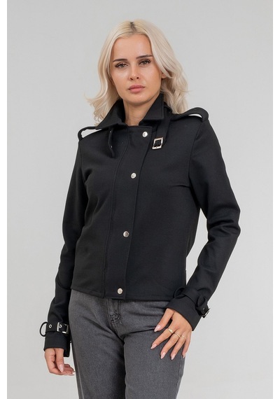 Bold & Young Kadın Viskon Polyester Likralı Kumaş Kol Ucu Toka Bantlı Kuş Gözü Aksesuarlı Çıt Çıtlı Cepli Ceket Siyah