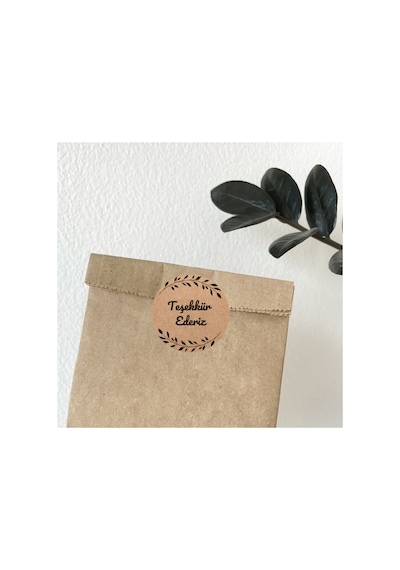 96 Adet Kraft Teşekkür Ederiz Etiketi 4x4 Cm Yapraklı Yuvarlak Ambalaj Paket Kutu Sticker Yapışkanlı Kahverengi