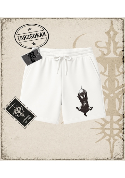 Tarzsokak Gotik & Grunge Streetwear Cat Retro 6 Unisex Şort Beyaz