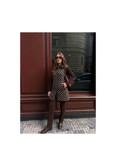 Onno Style Women Desenli Çelik Örgü Uzun Triko Kadın Yelek Kaban Kahverengi