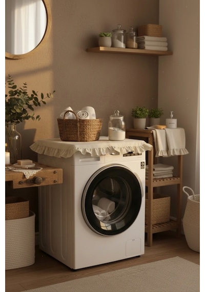Vintage Fırfırlı Çamaşır Makinesi Örtüsü - Çeyizlik Pamuklu Dekoratif Banyo Makine Kılıfı Bej