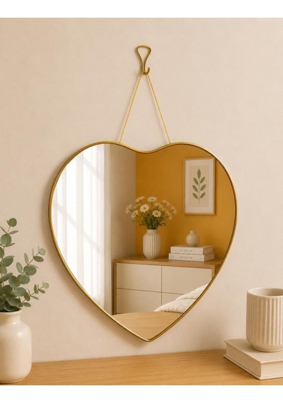 Tr 39x38cm Dekoratif Kalp Şeklinde Duvar Aynası-gold Çerçeveli Salon Mutfak Antre Banyo Aynası Genel