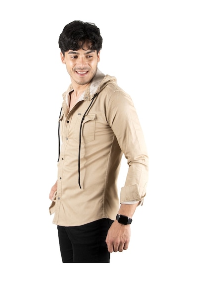 Deepsea Erkek Bej Kapüşonlu Cepli Slim Fit Gömlek Bej