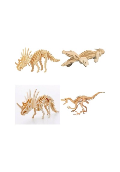 Boyalanabilir Ahşap 4'Lü Dinazor Maket Puzzle Seti