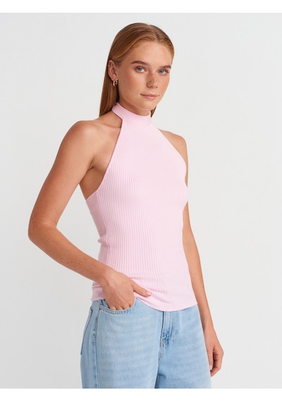 Dilvin 10798 Halter Bağlamalı Yaka Fitilli Triko Bluz-pembe Pembe
