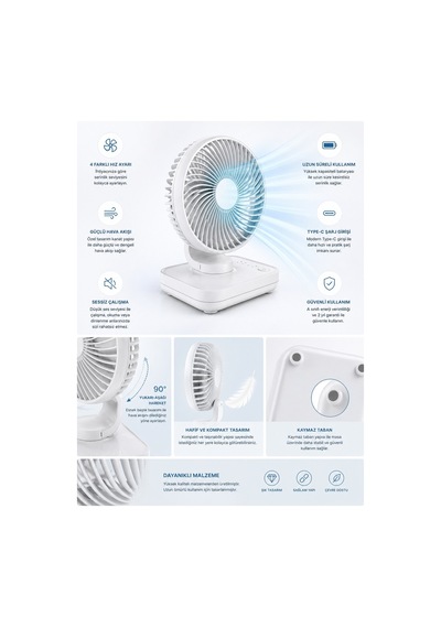 Robeve Yk Şarjlı Masaüstü Vantilatör Usb Type-c 4 Kademeli Hız, Sessiz Çalışma, Taşınabilir Mini Fan, Uzun Batarya, 90 Ayarlanabilir Başlık, Ofis Ev Kullanım Fan Vantilatör Beyaz