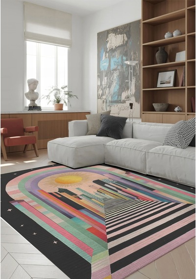 Archroma 700 Renkli Güneş Geometrik Siyah Halı Yıkanabilir Modern Dekoratif Salon Ev Oda Halısı