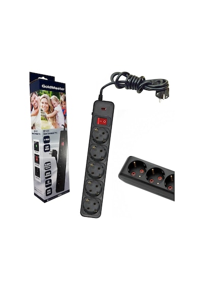 Goldmaster SP-411 5'li Akım Korumalı Anahtarlı Grup Priz 1.5 Metre Siyah