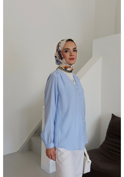 Moonsc Kadın Regular Fit V Yaka Önü Brit Detaylı Mavi Tesettür Gömlek