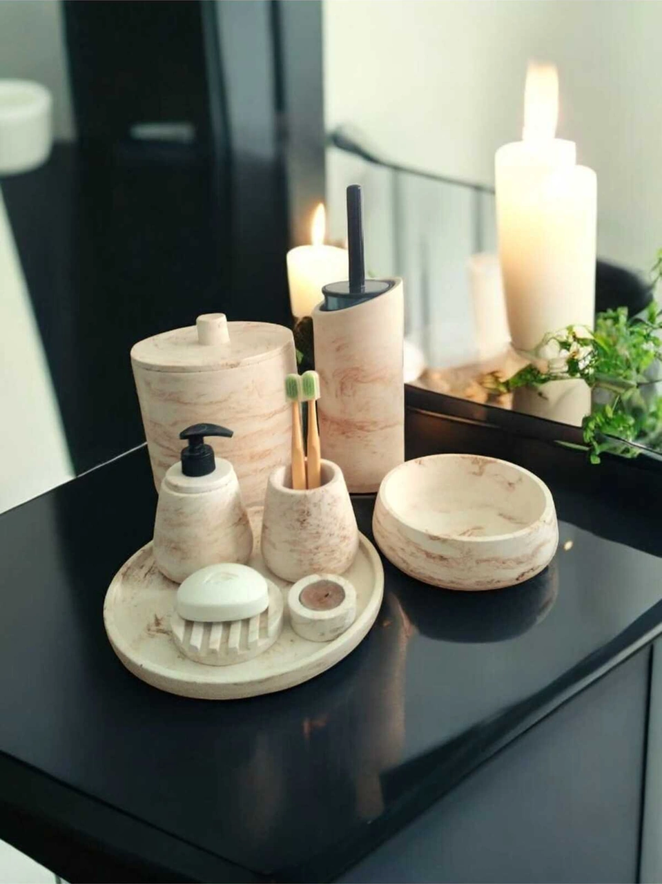 Mermer Desen Beton Banyo Seti,tuvalet Wc,çöp Kovası,katı,sıvı Sabunluk,tepsi,dekorasyon,aksesuar Bej