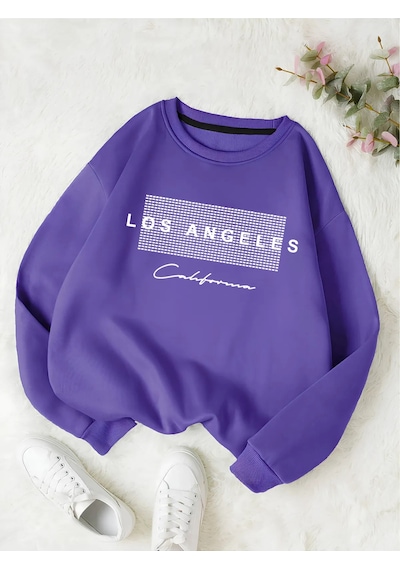 Startmore Mor Unisex Kadın/erkek Detaylı Los Angeles Özel Baskılı Renkli Oversize Bisiklet Yaka Pamuklu