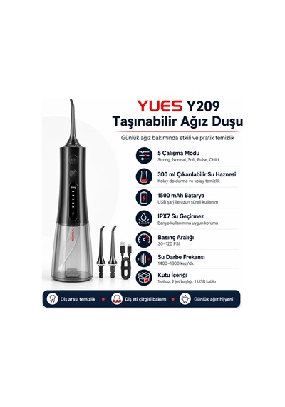 Yues Y209 Taşınabilir Ağız Duşu, Şarjlı Oral Irrigator, 300 Ml Su