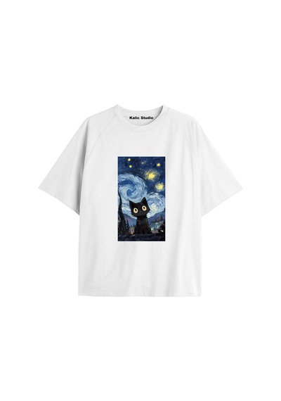Kalic Studio Unisex Van Gogh Baskılı Oversize Tshirt Beyaz-72