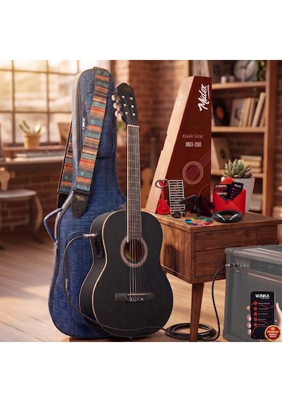 Midex Mgx-200mbk-eq Ekolayzerli Profesyonel Elektro Klasik Gitar Seti Mat Siyah 4/4 Üst Segment