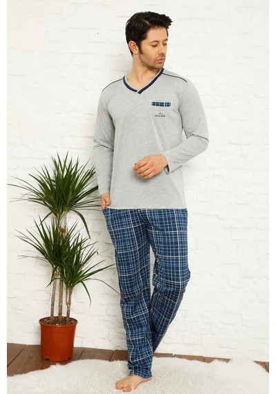 Farya Home Dreamy Ekoseli Kısa Kollu V Yaka Cepli Erkek Pijama Takımı Gri Lacivert Gri - Lacivert