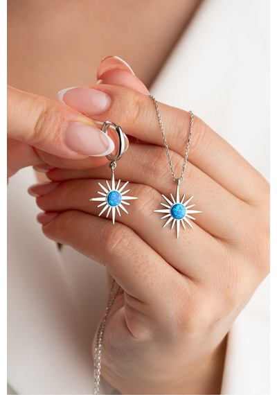 Çekirdekjewelry 925 Ayar Gümüş Opal Taşlı Kolye Küpe Seti Gri