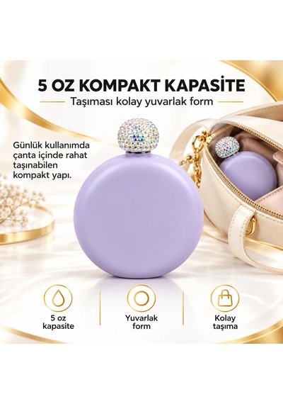 Lüks Taş İşlemeli Renkli Paslanmaz Çelik İçki Matarası 5 Oz 150 Ml. Cep Çanta Kamp Outdoor Hediyelik Lila
