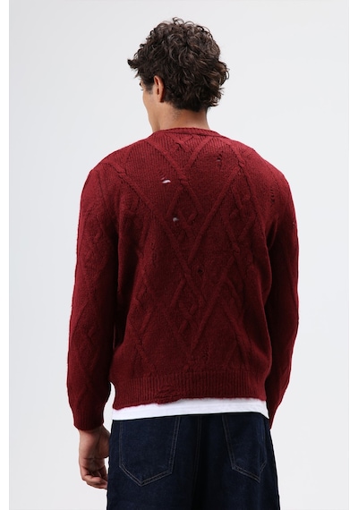 Vamos Oversize Desenli Triko Kazak Bordo