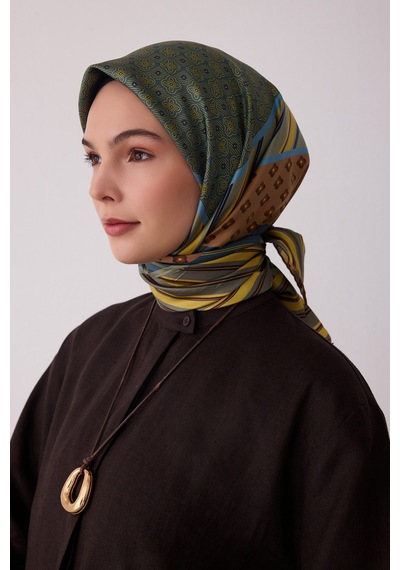 Belli Geometrik Desen %100 Twill İpek Eşarp Be23 İndigo-hardal