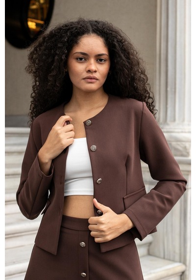 Kadın Hafif Esnek Kumaş Geniş Sıfır Yaka Cep Kapaklı Uzun Kol Dar Kesim Hafif Kısa Blazer Ceket-kahve Kahve Kadın Hafif Esnek Kumaş Geniş Sıfır Yaka Cep Kapaklı Uzun Kol Dar Kesim Hafif Kısa Blazer Ceket-kahve Kahve