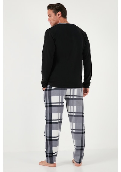Buratti Ekoseli Regular Fit Düğmeli Bisiklet Yaka Kışlık Polar Erkek Pijama Takımı 60961008 Siyah