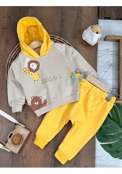 Baby Waka Zürafa&aslan Baskılı Kapüşonlu Erkek Bebek Alt Üst Takım Sari