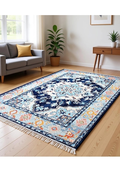 Vintage Desen Modern Halı Dekoratif Kilim Lacivert