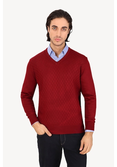 Erkek Bordo Yünlü Klasik V Yaka Desenli Triko
