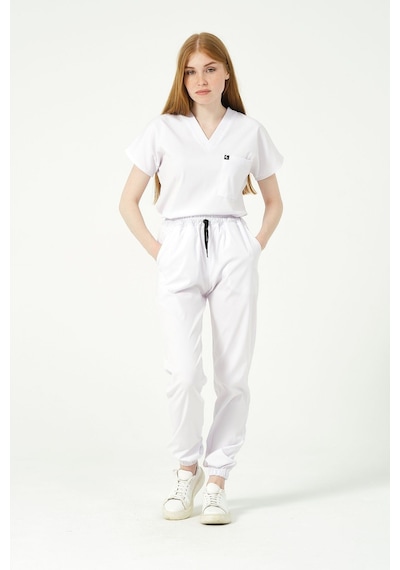 Beyaz Likralı Scrubs Jogger Paça Doktor Hemşire Forması Yarasa Kol Takım Unisex