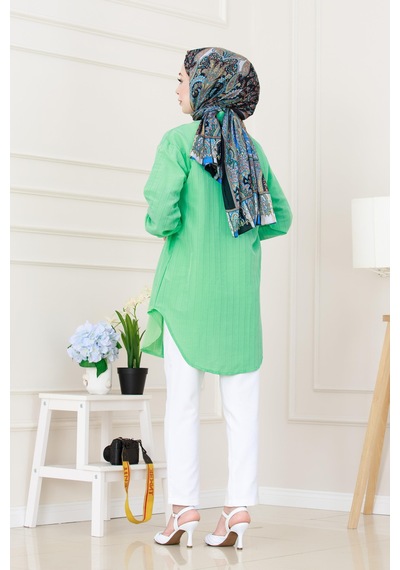 Sevitli Göğüsü Taş Detaylı Oversize Tunik-su Yeşili-5231 Su Yeşili