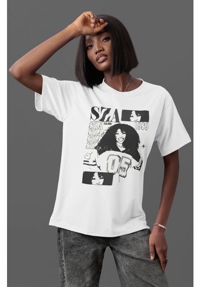 Sevbano Sza Rapper Şarkıcı Ön Baskılı Unisex Oversize Tişört Beyaz