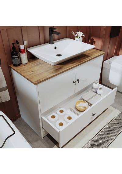 Lavabolu Mdf 100Cm Çekmeceli Banyo Dlp + Aynalı Üst Dlp + Boy Dlp Beyaz - Atlantik Çam