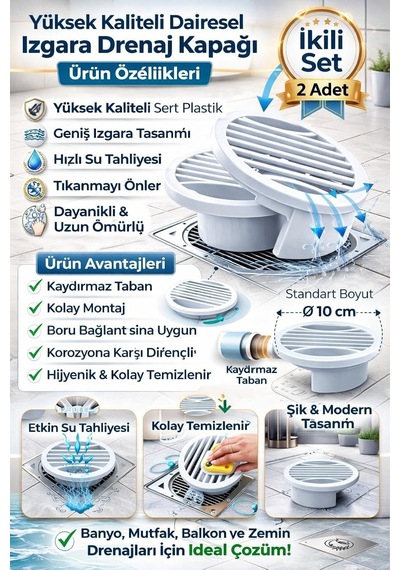 2 Li Yuvarlak Gider Süzgeci Ve Koku Önleyici Kapak, Banyo, Mutfak, Duş Ve Zemin Giderlerinde Kullanıma Uygun, 10 Cm Çap, Dayanıklı Plastik, Saç Ve Atık Tutucu Izgaralı Tasarım, Kolay Temizlik